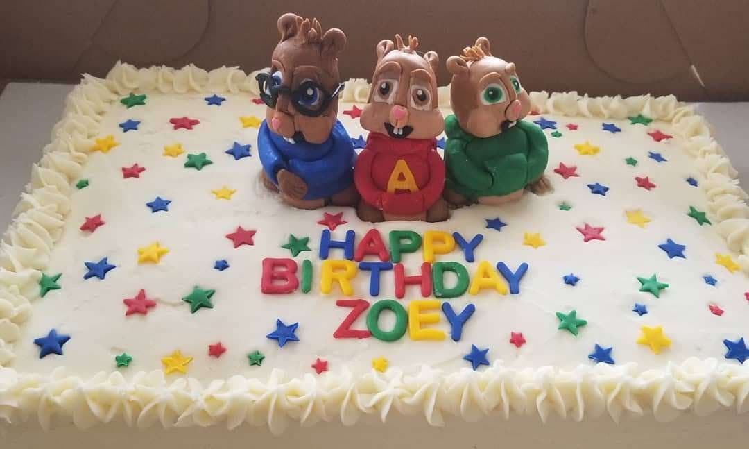 Close-up of an Alvin and the Chipmunks birthday sheet cake by Jamie Cakes.