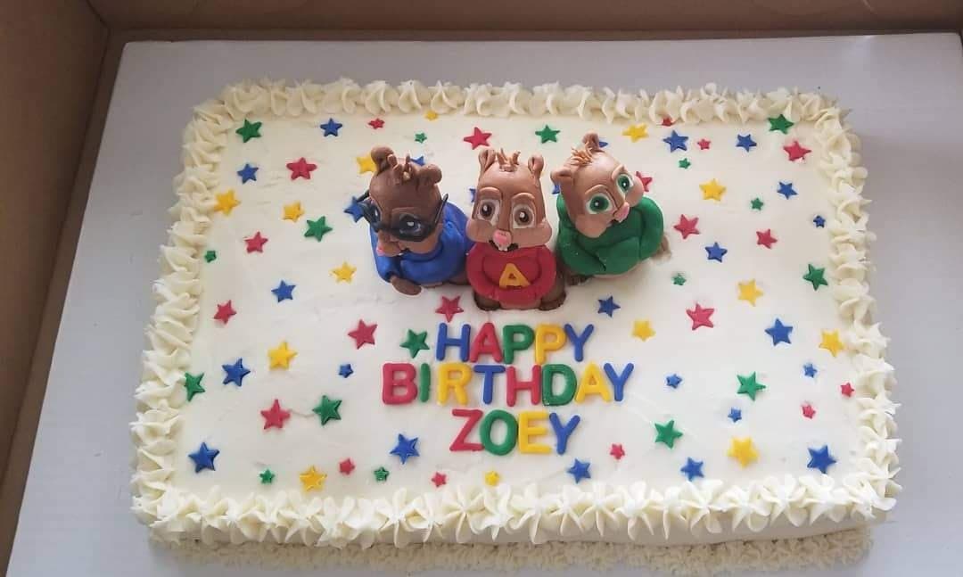 Alvin and the Chipmunks sheet cake with colorful stars by Jamie Cakes.