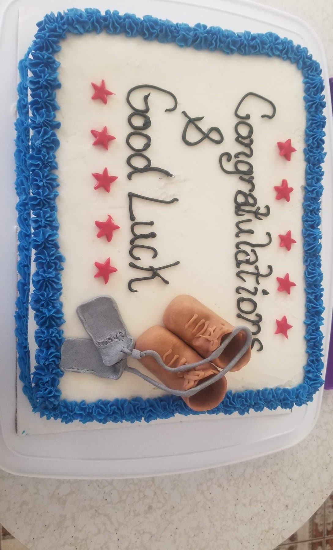 Congratulations and Good Luck sheet cake with blue border piping by Jamie Cakes.